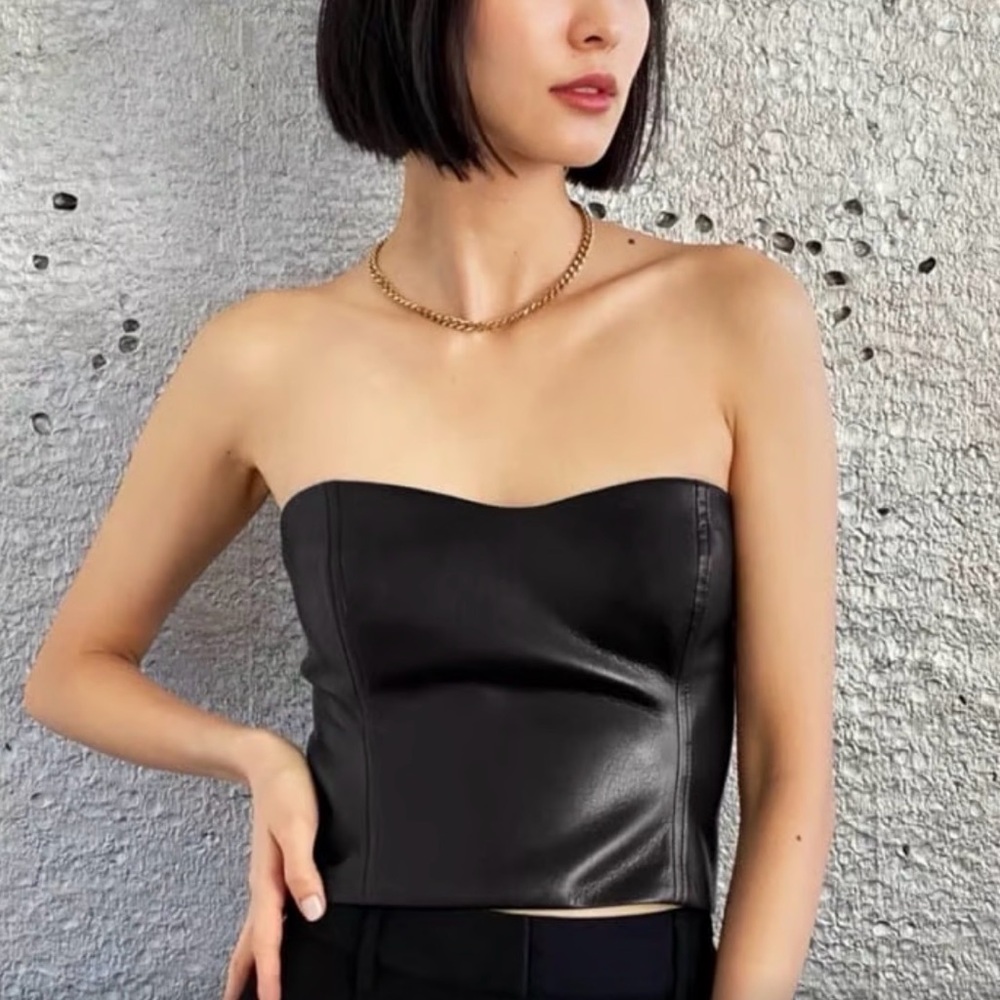 Babaton Black Faux-Leather Strapless Bustier Camisole
